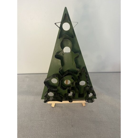 Vintage HOAN Green Christmas Tree Cookie Cutter Stand With 8 Assorted Metal Cutt - Picture 1 of 8